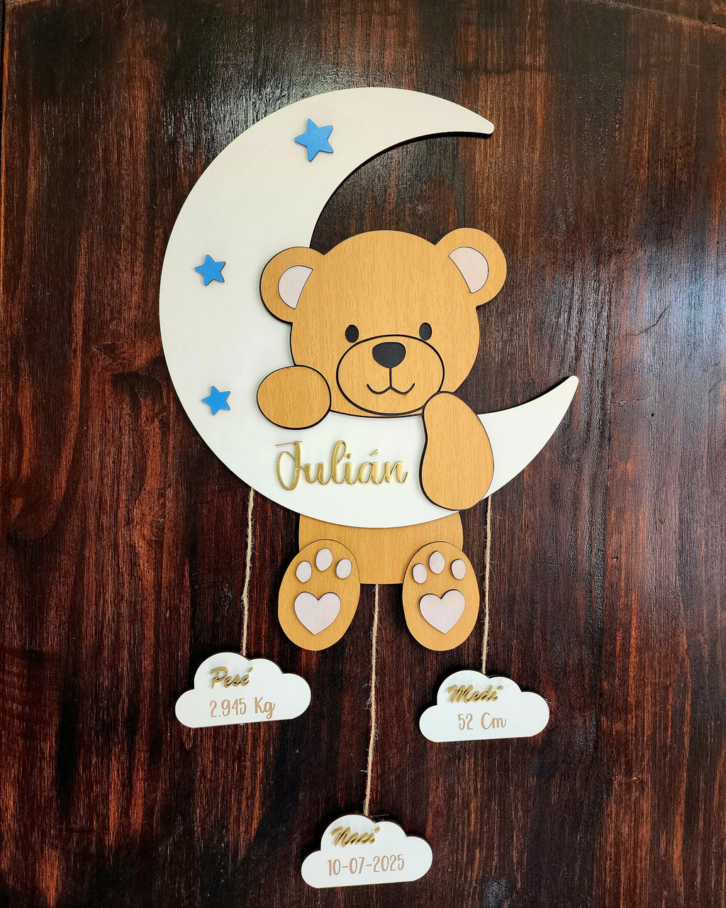 Cuadro bebé recién nacido forma de osito y luna