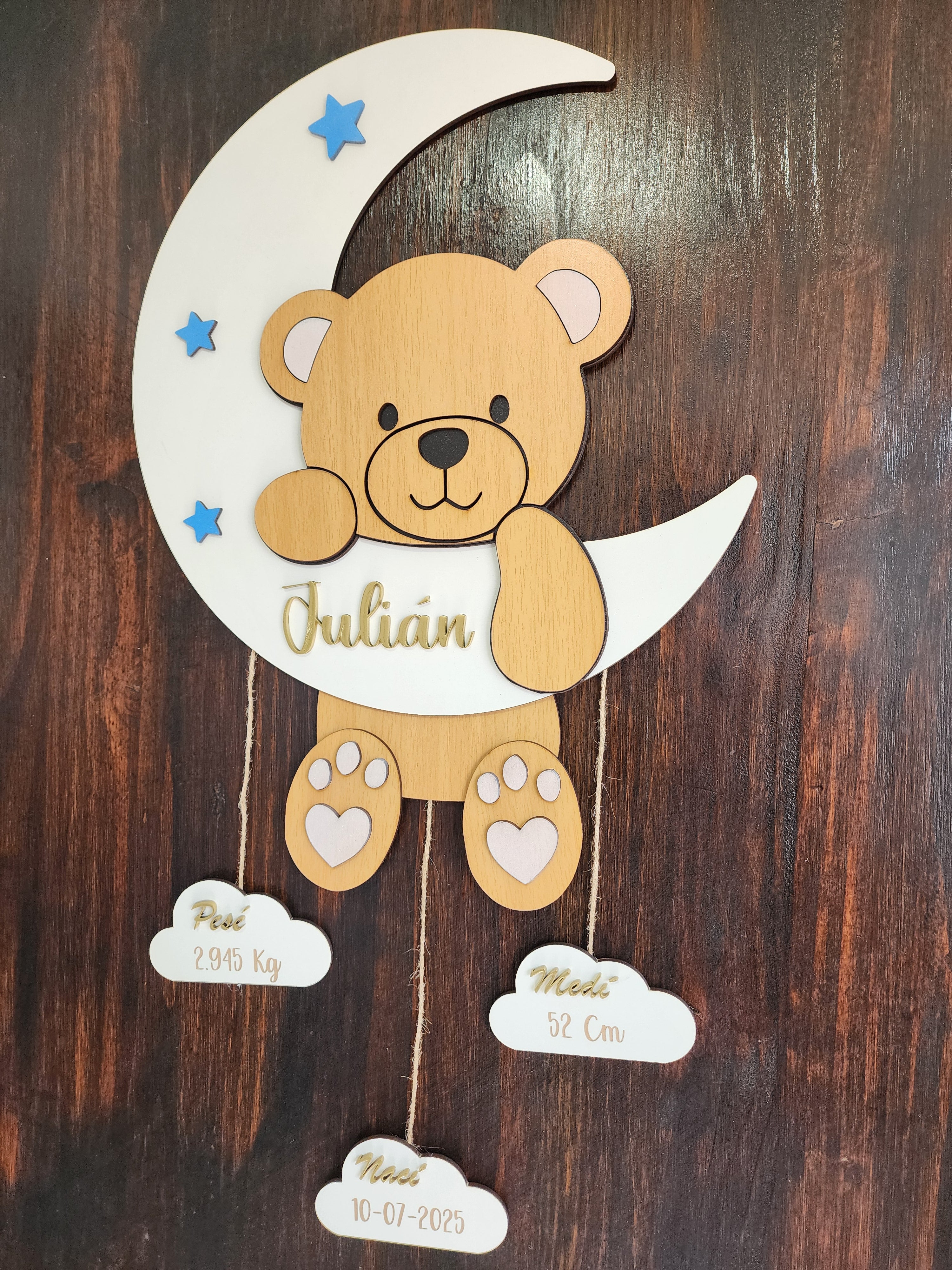 Cuadro bebé recién nacido forma de osito y luna