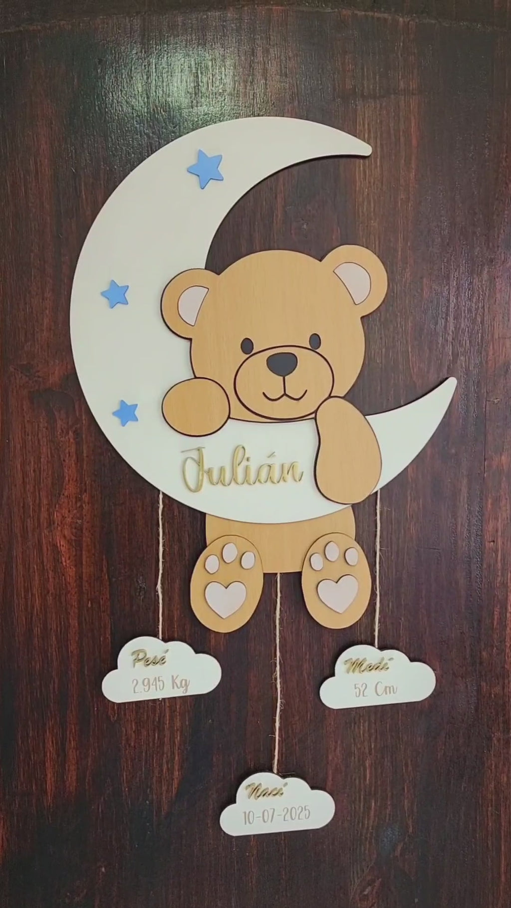 Cuadro bebé recién nacido forma de osito y luna